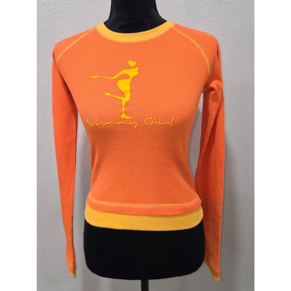 Orange Waffle Knit Thermal Long Sleeve Y2K Streetwear Johnny Girl Top Medium
